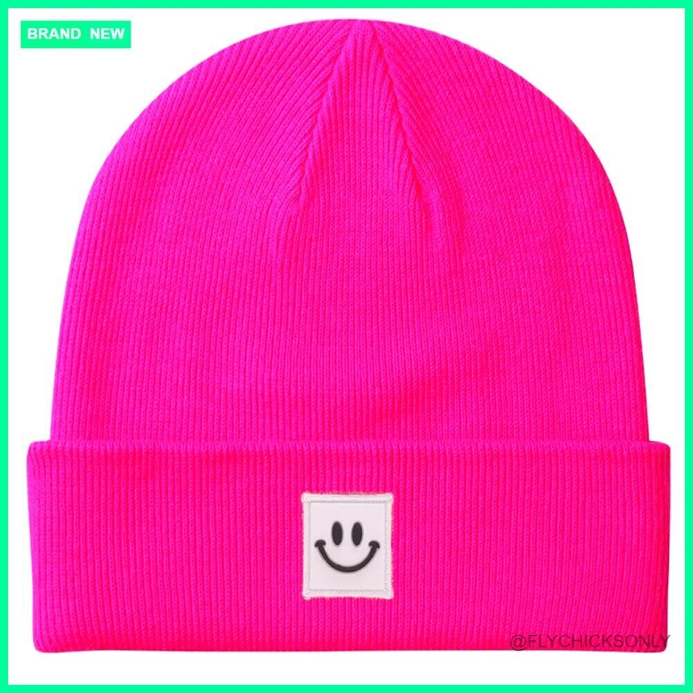 Acrylic Knit Beanie Hat with Embroidered Smile Face, Stretch Fit